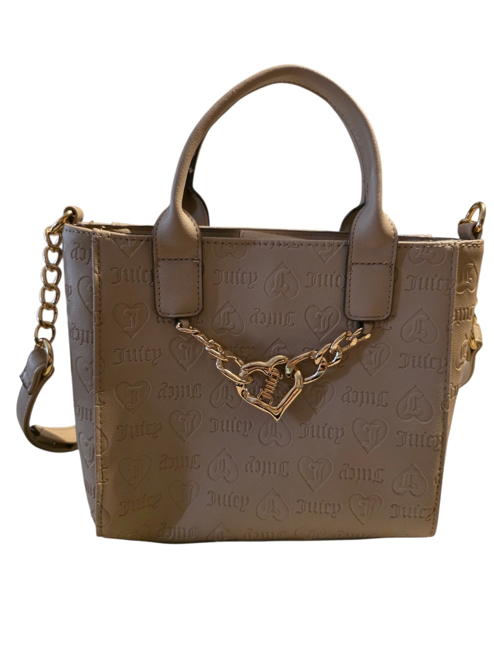 Juicy Couture Taupe Embossed Top-Handle Tote with Gold Heart Chain